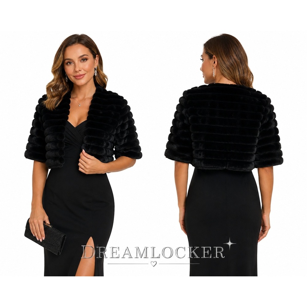 La Fiorentina Faux Fur Bolero Jacket Black One Size Luxury Cropped Plush Shrug